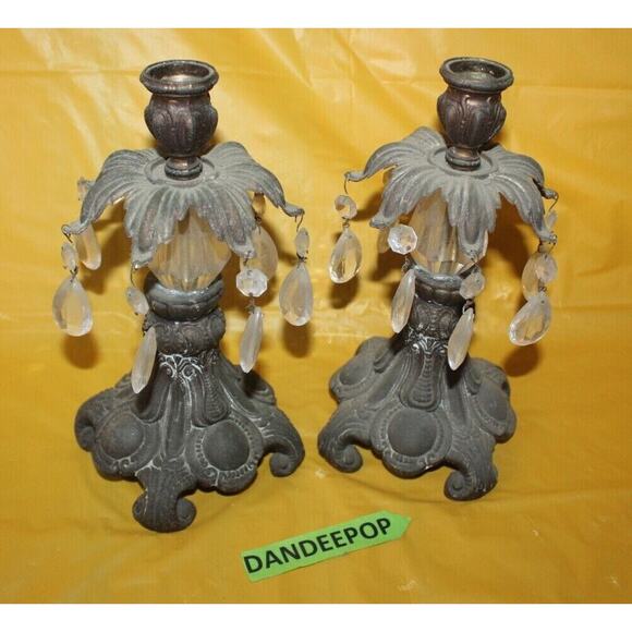 Vintage Pair Of Cast Metal Teardrop Crystals And Prizm Candle Stick Holders - Picture 5 of 12